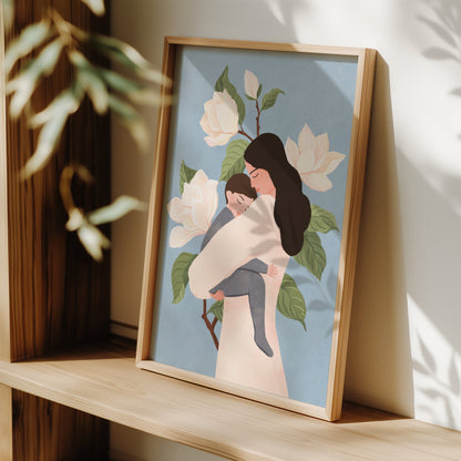 Tender art print of a mother holding her sleeping baby, surrounded by magnolia flowers – a serene and heartfelt illustration celebrating love and connection