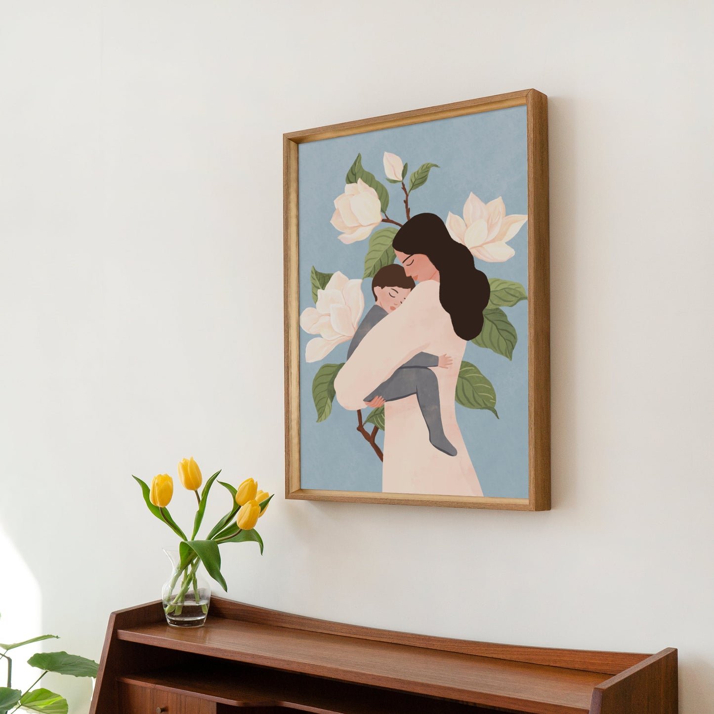 Tender art print of a mother holding her sleeping baby, surrounded by magnolia flowers – a serene and heartfelt illustration celebrating love and connection