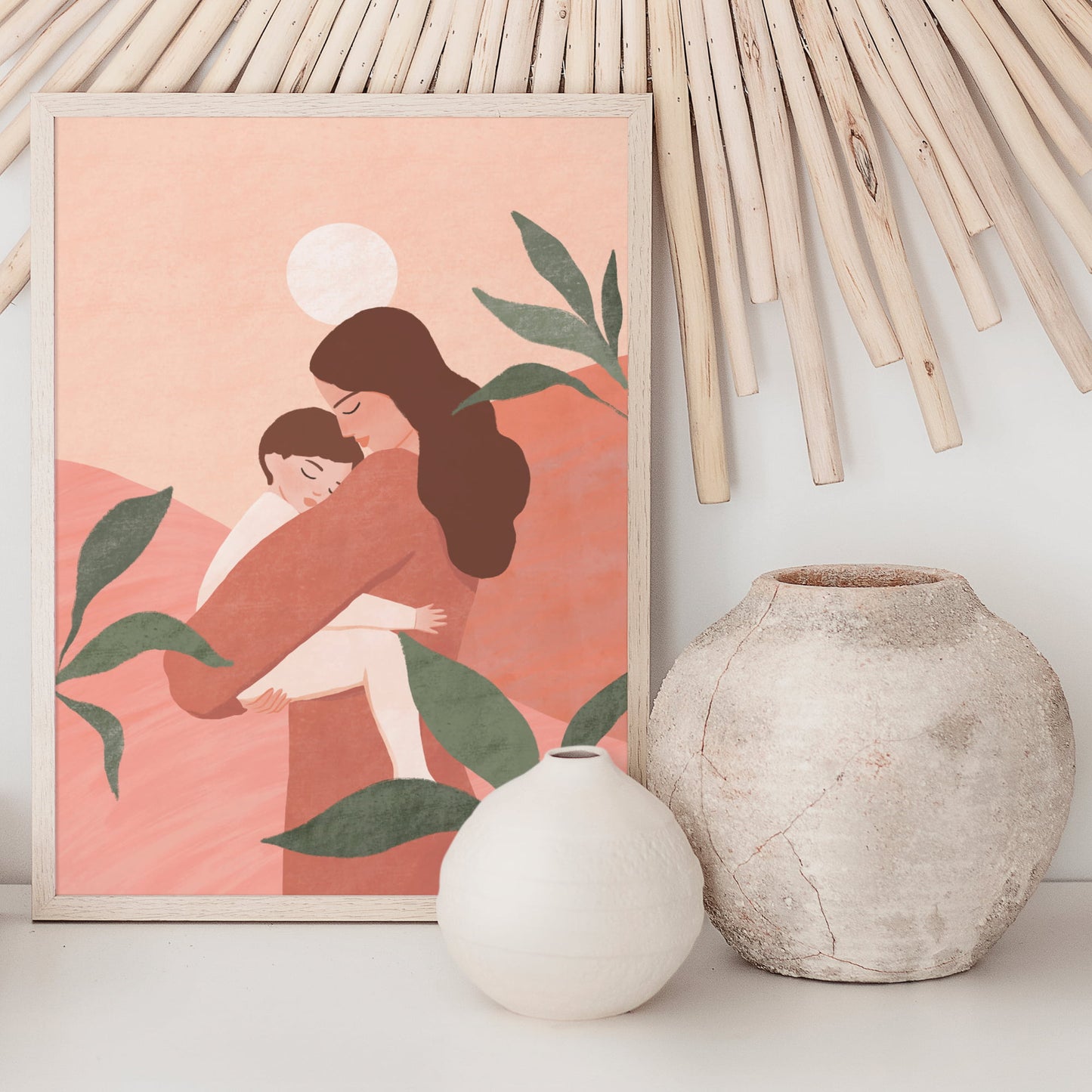 Gentle art print of a mother holding her sleeping baby, set against a tranquil backdrop of earthy tones and soft greens – serene illustration celebrating the beautiful bond between mother and child