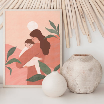 Gentle art print of a mother holding her sleeping baby, set against a tranquil backdrop of earthy tones and soft greens – serene illustration celebrating the beautiful bond between mother and child