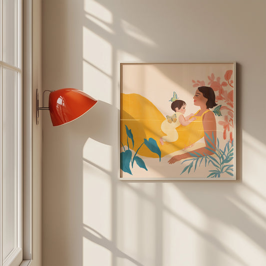 Heartwarming art print of a mother and baby – illustrated with a warm, joyful color palette to celebrate the tender bond between parent and child
