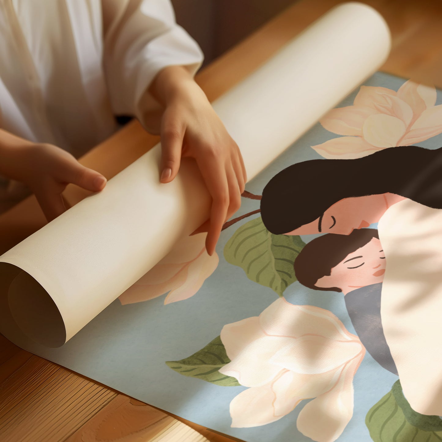 Tender art print of a mother holding her sleeping baby, surrounded by magnolia flowers – a serene and heartfelt illustration celebrating love and connection
