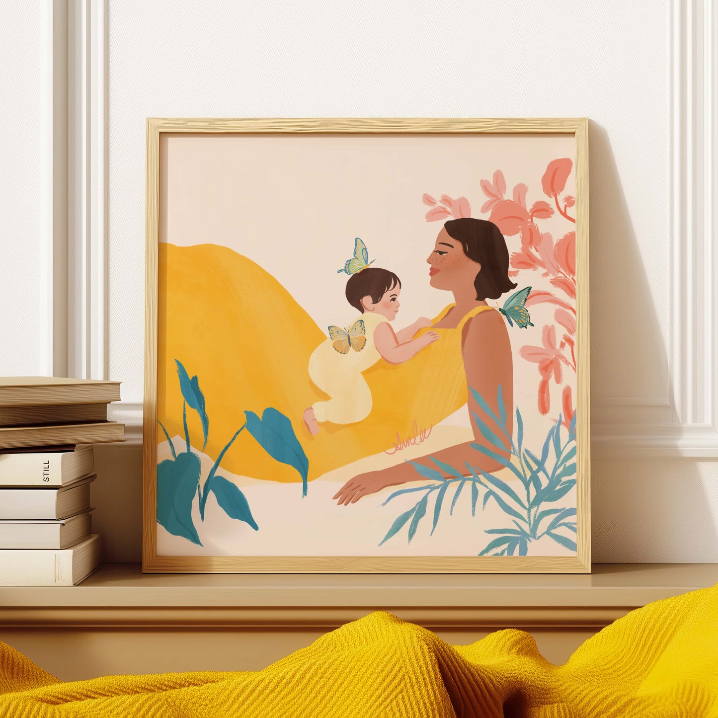 Heartwarming art print of a mother and baby – illustrated with a warm, joyful color palette to celebrate the tender bond between parent and child