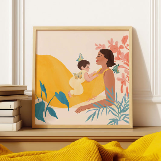 Heartwarming art print of a mother and baby – illustrated with a warm, joyful color palette to celebrate the tender bond between parent and child