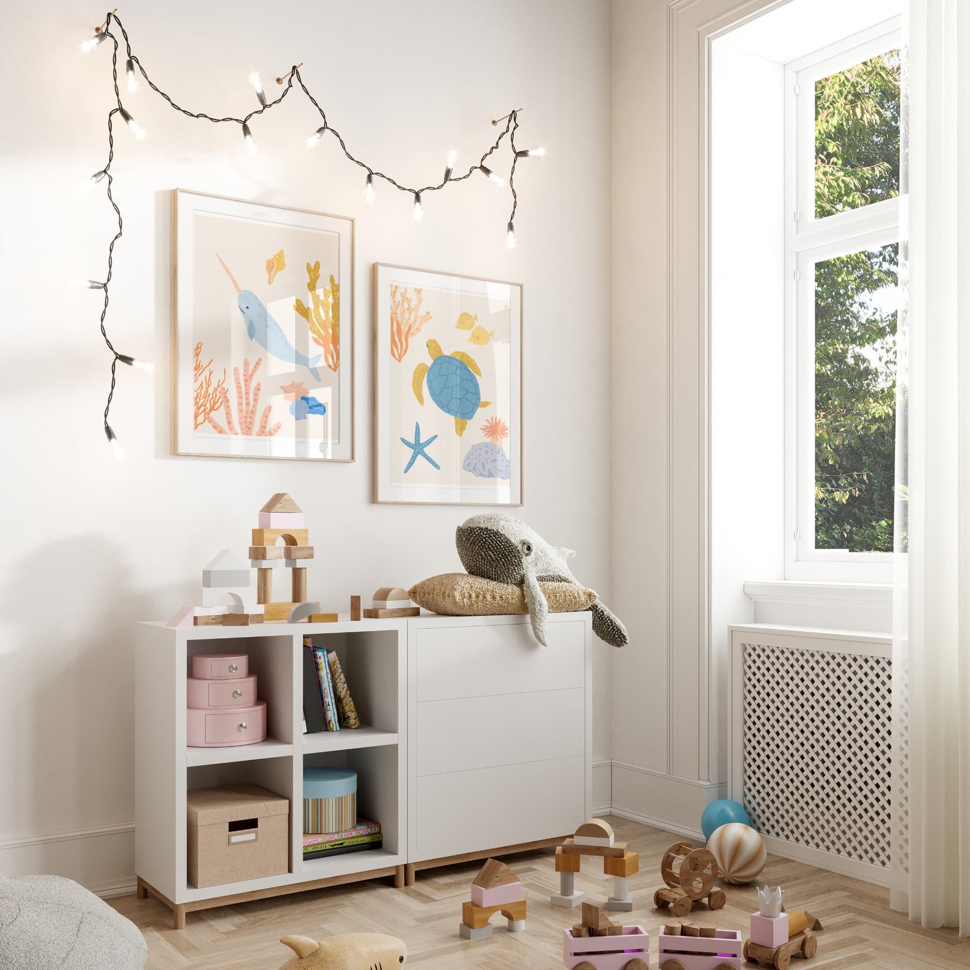 Cute ocean-themed art prints for children featuring a magical narwhal and turtle– perfect for creating a fun and cohesive under-the-sea theme with other sea animal prints