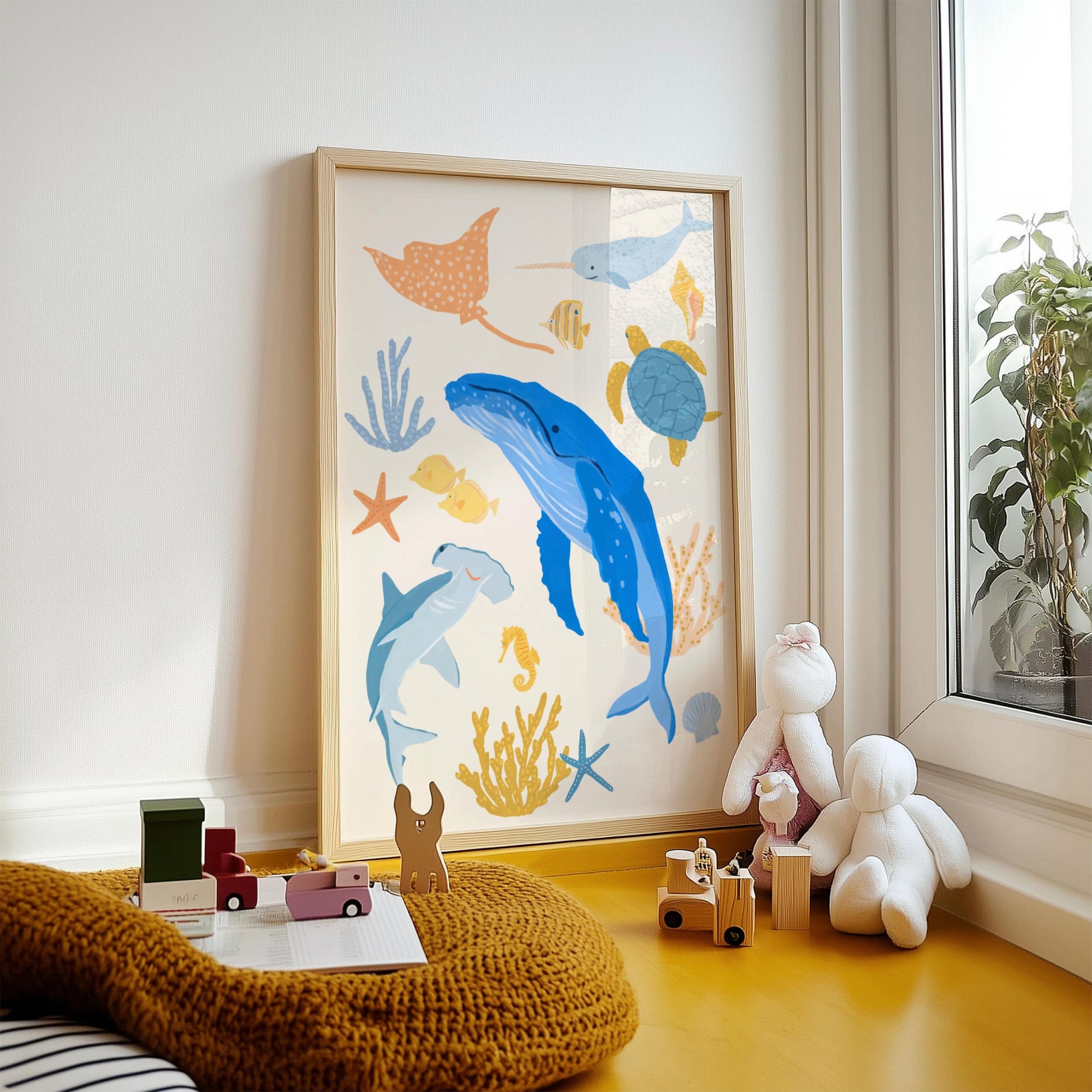 Ocean animal Giclée print featuring whale, shark, sea turtle, narwhal, and more—fun sea art for kids room wall decor.