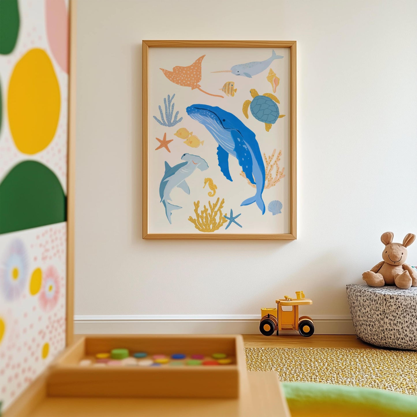 Cute ocean-themed wall art for kids featuring a humpback whale, hammerhead shark, sea turtle, narwhal, stingray, and more – joyful underwater illustration for kids' rooms