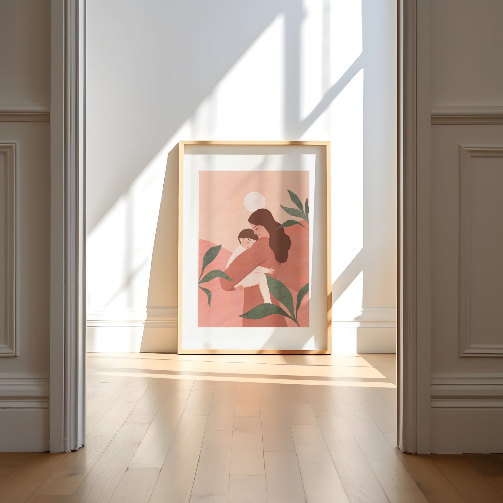 Gentle art print of a mother holding her sleeping baby, set against a tranquil backdrop of earthy tones and soft greens – serene illustration celebrating the beautiful bond between mother and child