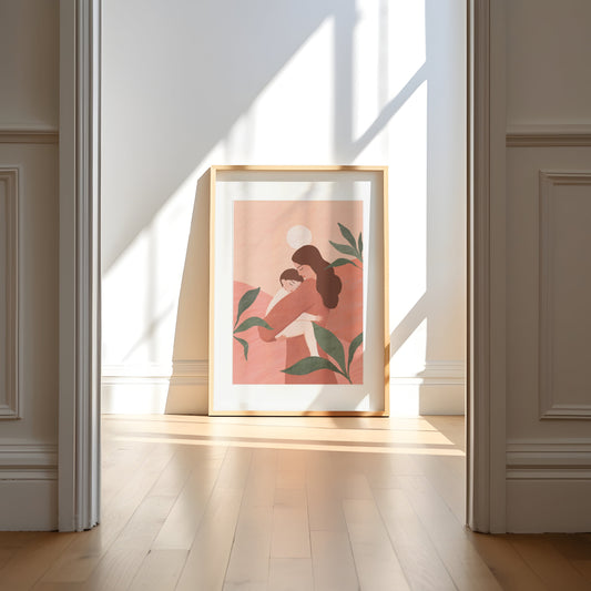 Gentle art print of a mother holding her sleeping baby, set against a tranquil backdrop of earthy tones and soft greens – serene illustration celebrating the beautiful bond between mother and child