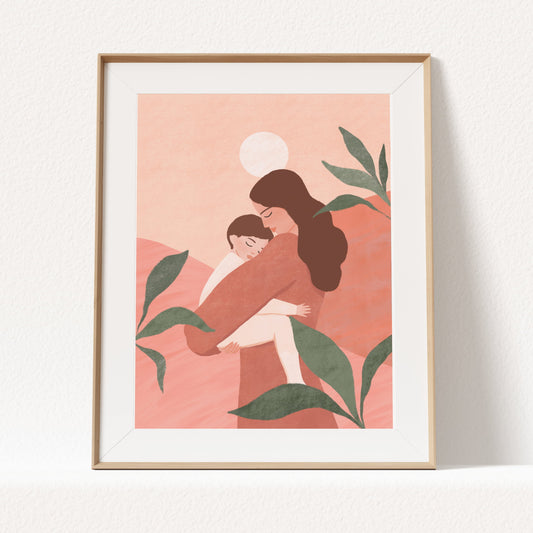 Gentle art print of a mother holding her sleeping baby, set against a tranquil backdrop of earthy tones and soft greens – serene illustration celebrating the beautiful bond between mother and child