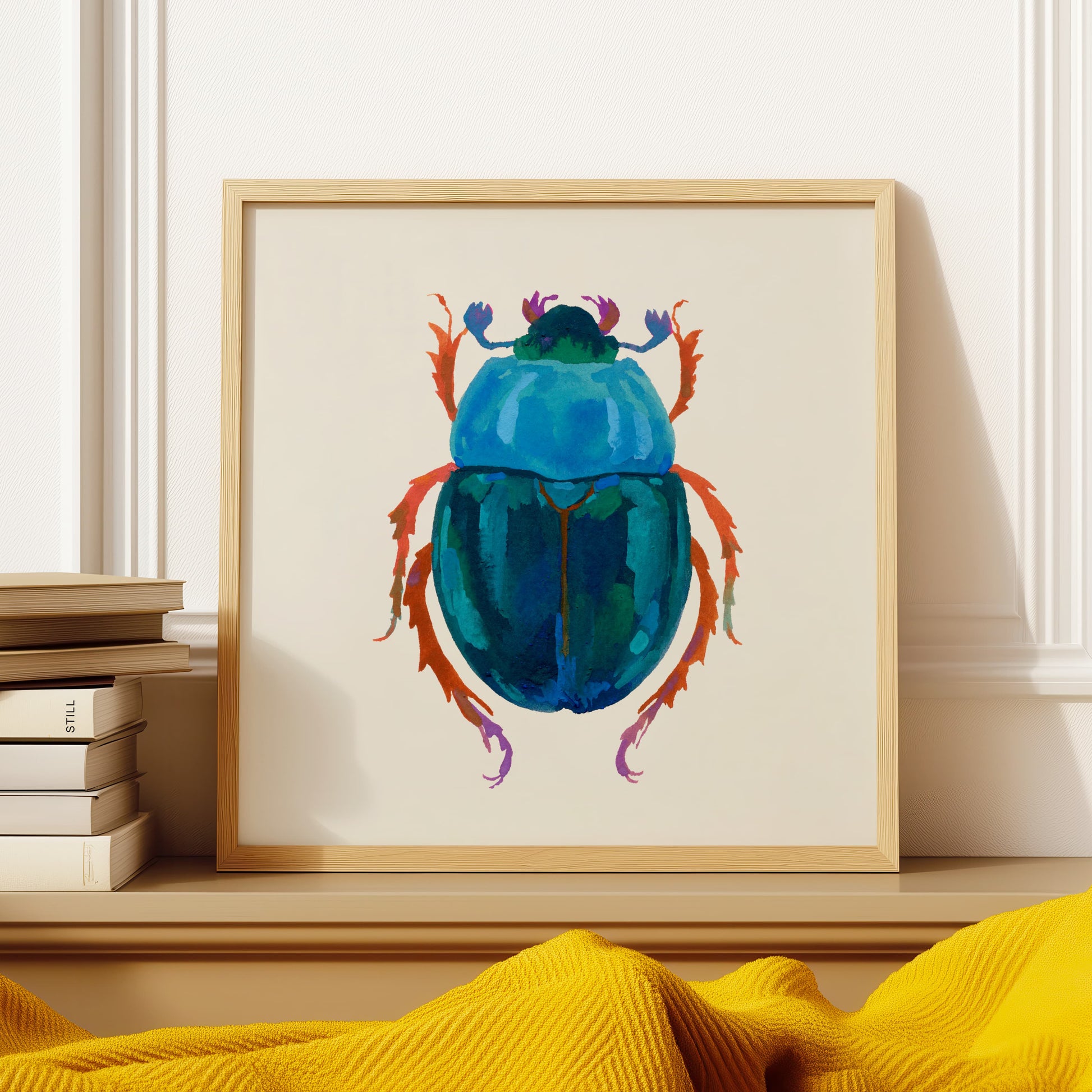 Gouache painting of a peacock blue beetle with a deep blue-green body, featuring rich textures and dimensional color. Inspired by a real beetle form with an artistic twist.