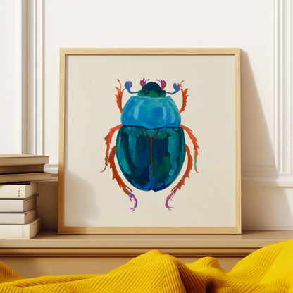 Gouache painting of a peacock blue beetle with a deep blue-green body, featuring rich textures and dimensional color. Inspired by a real beetle form with an artistic twist.