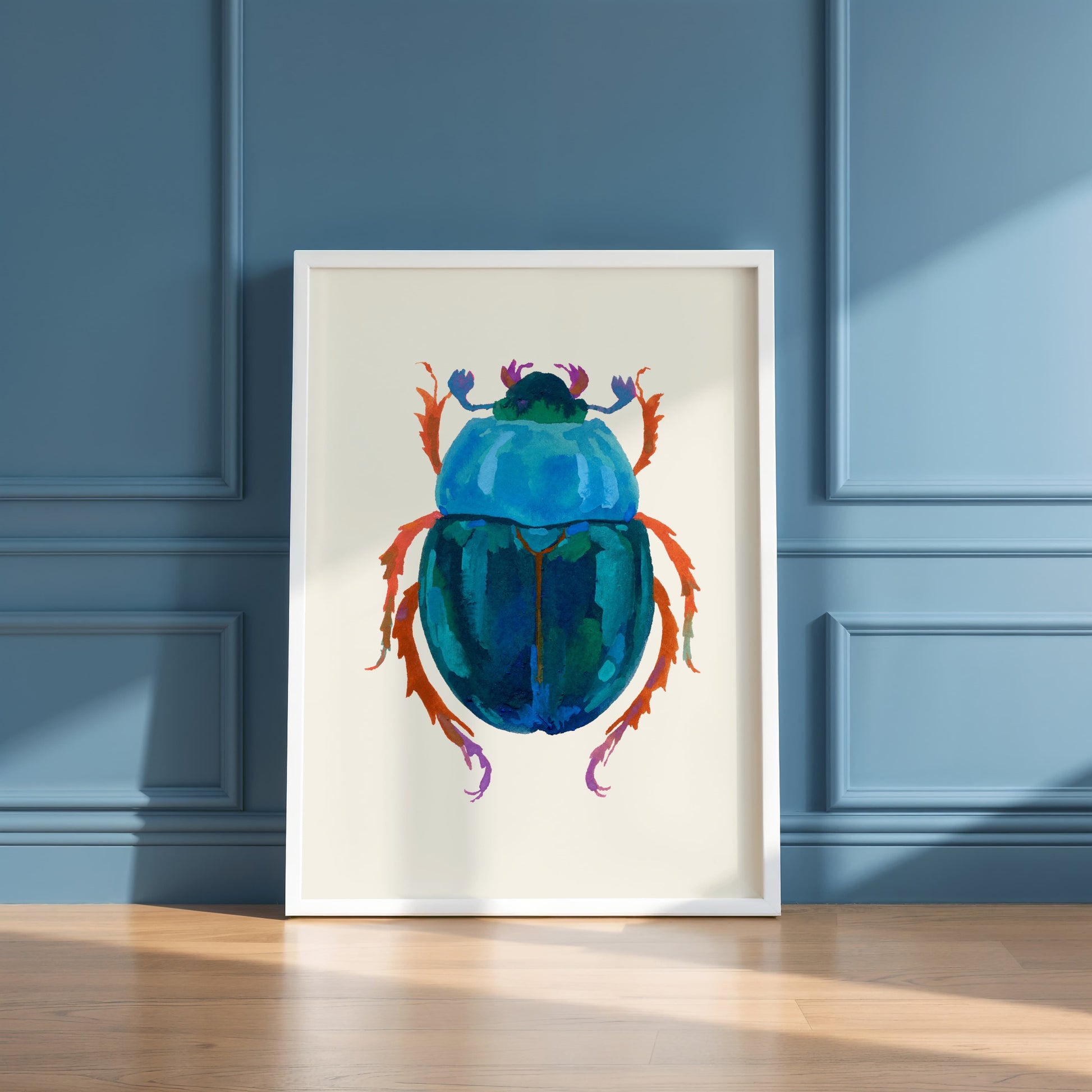 Gouache painting of a peacock blue beetle with a deep blue-green body, featuring rich textures and dimensional color. Inspired by a real beetle form with an artistic twist.