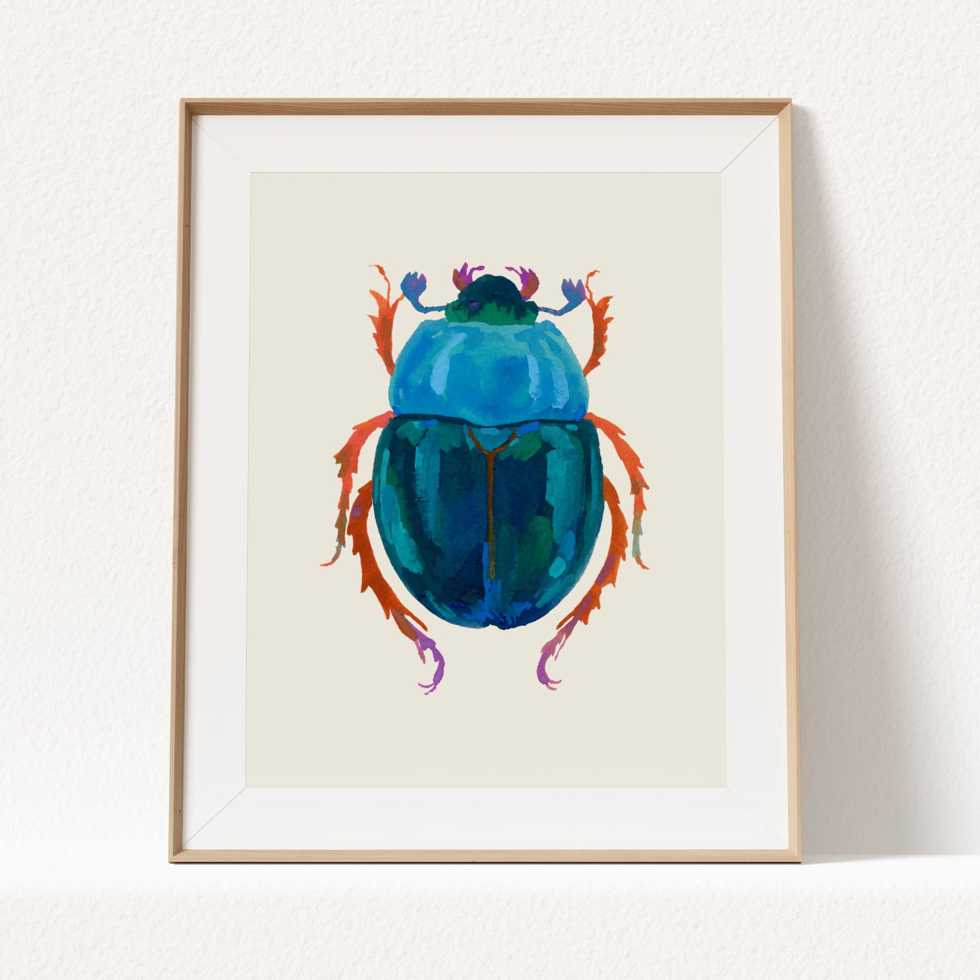 Gouache painting of a peacock blue beetle with a deep blue-green body, featuring rich textures and dimensional color. Inspired by a real beetle form with an artistic twist.