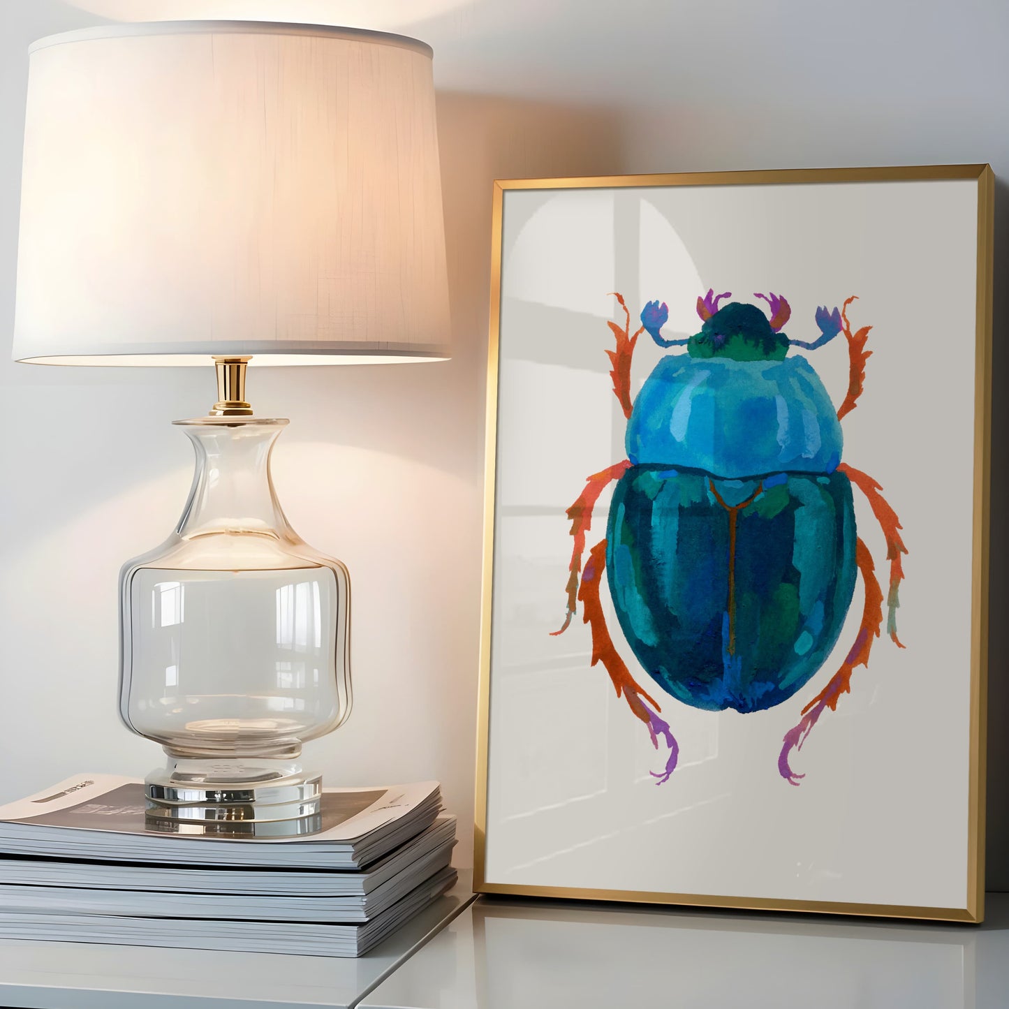 Gouache painting of a peacock blue beetle with a deep blue-green body, featuring rich textures and dimensional color. Inspired by a real beetle form with an artistic twist.