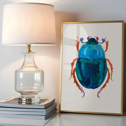 Gouache painting of a peacock blue beetle with a deep blue-green body, featuring rich textures and dimensional color. Inspired by a real beetle form with an artistic twist.