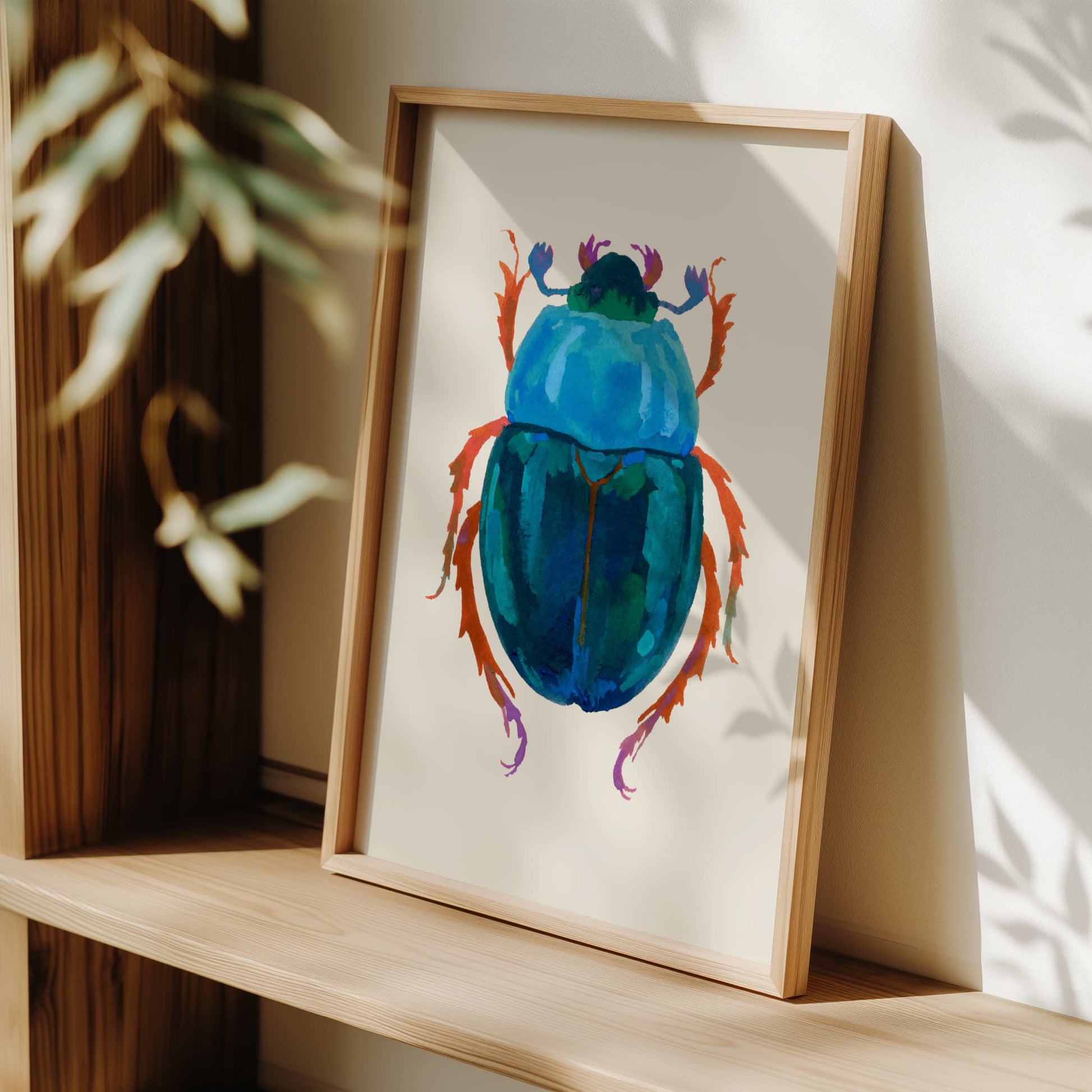 Art print of a deep blue-green beetle with a jewel-toned body, hand-painted in gouache to highlight texture, form, and vibrant color.