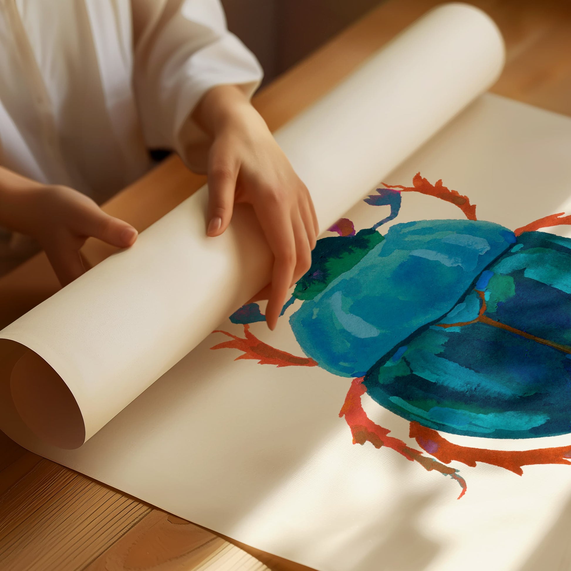 Textured gouache illustration of a deep teal beetle with iridescent peacock hues. A stylized insect inspired by nature’s details.