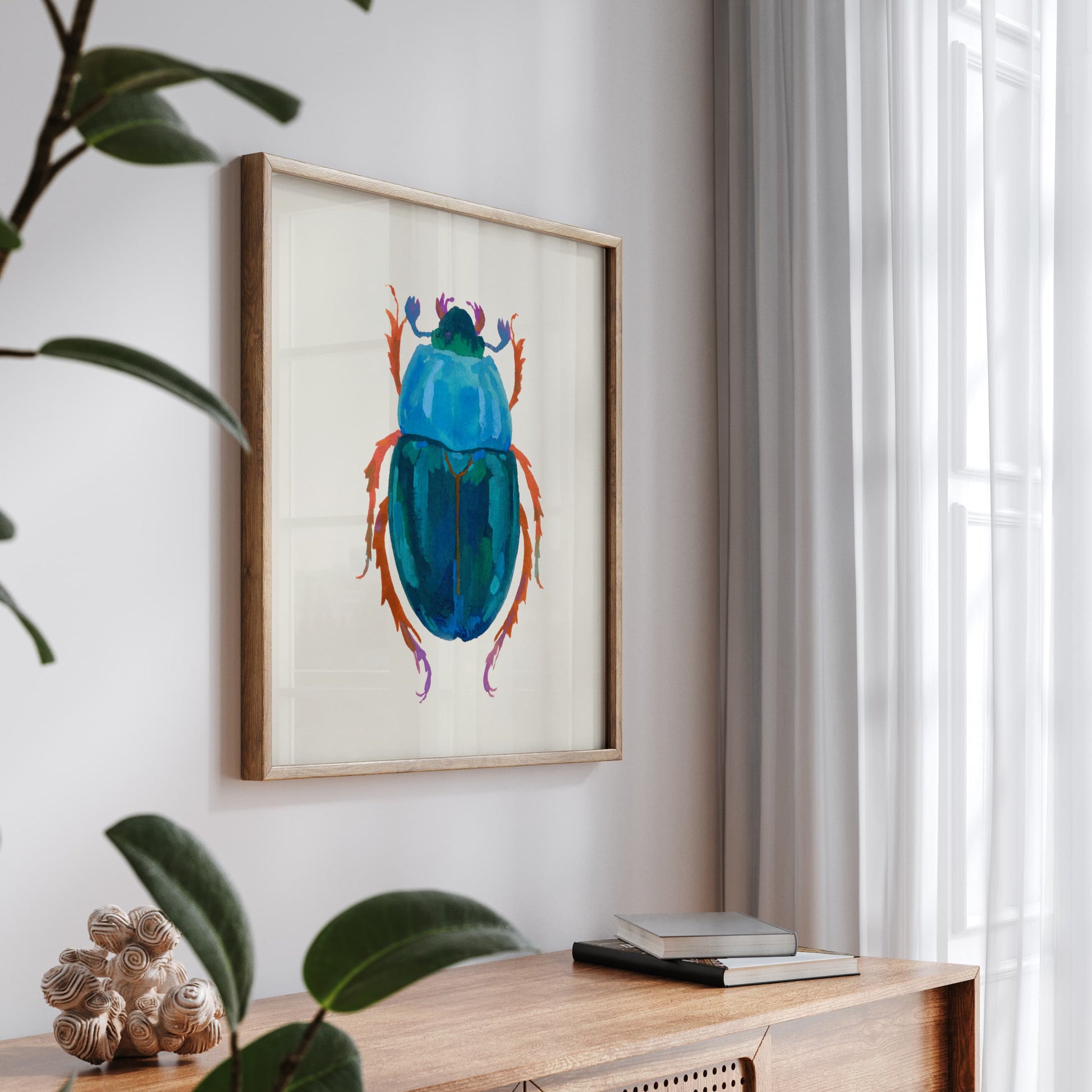 Textured gouache illustration of a deep teal beetle with iridescent peacock hues. A stylized insect inspired by nature’s details.