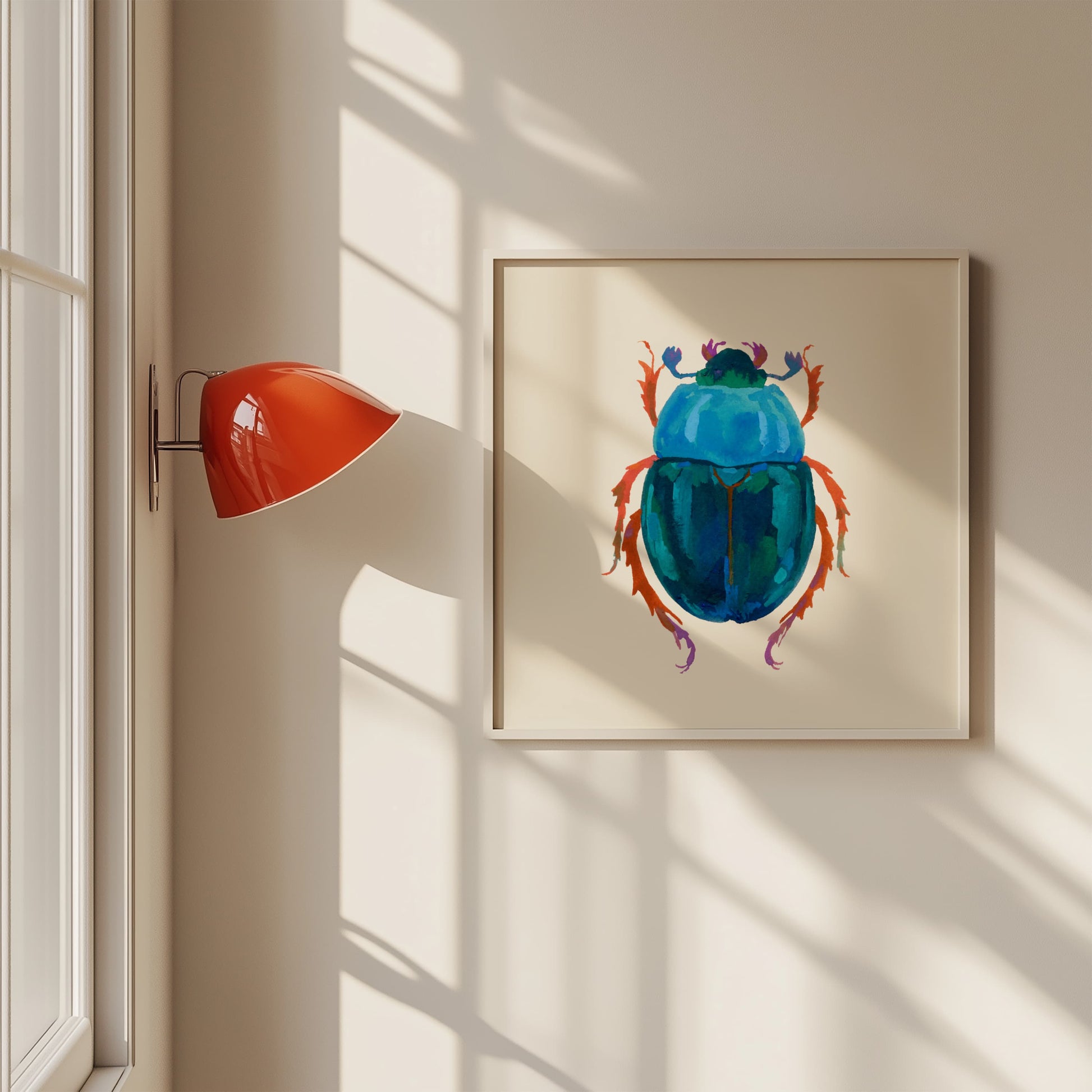 Textured gouache illustration of a deep teal beetle with iridescent peacock hues. A stylized insect inspired by nature’s details.