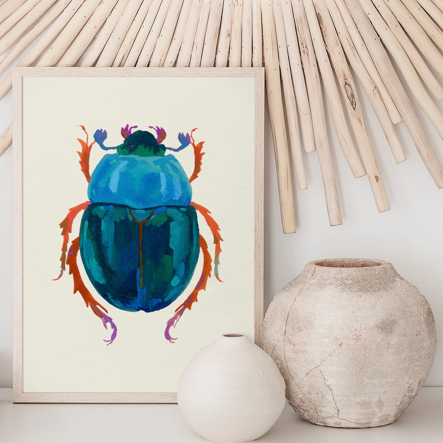Textured gouache illustration of a deep teal beetle with iridescent peacock hues. A stylized insect inspired by nature’s details.