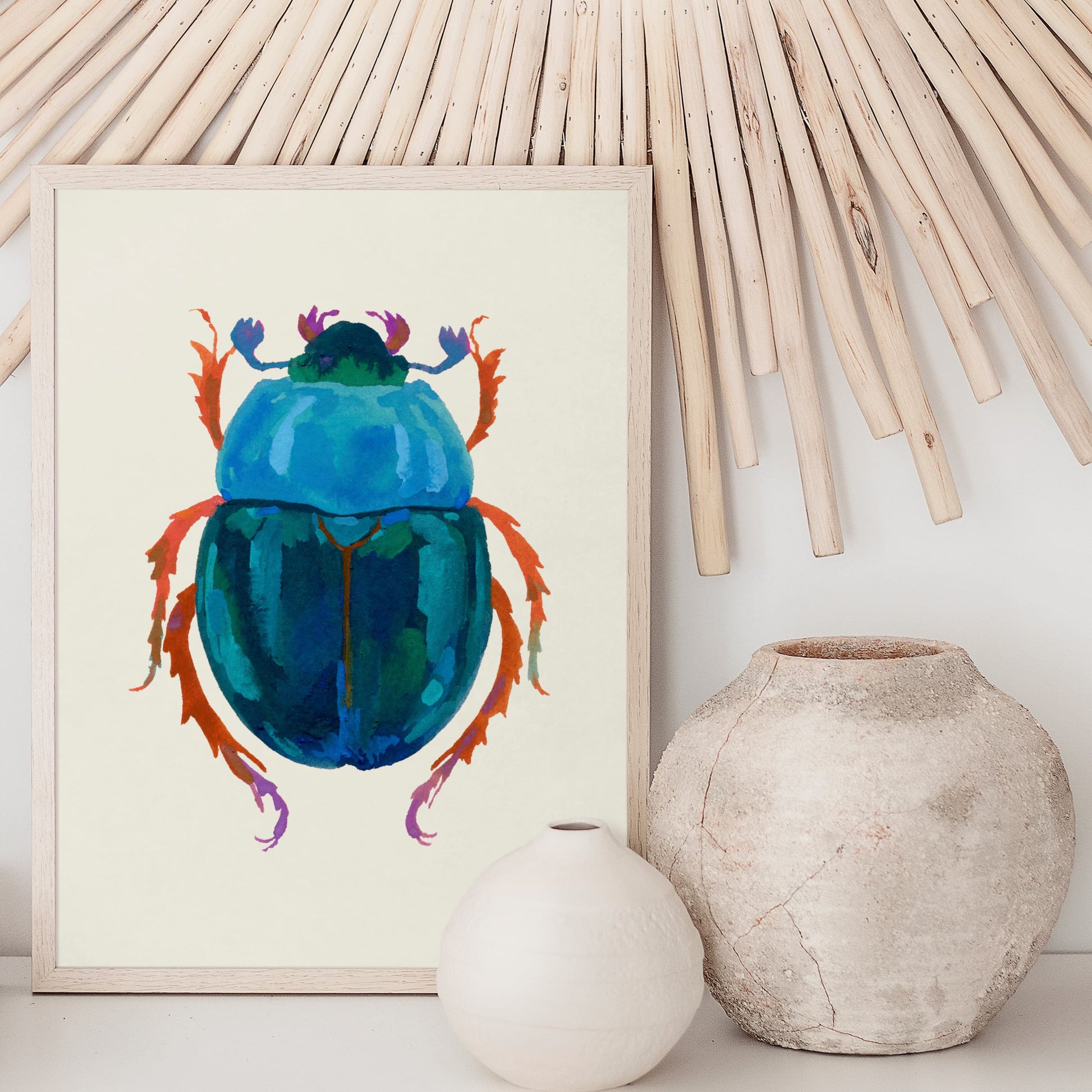 Textured gouache illustration of a deep teal beetle with iridescent peacock hues. A stylized insect inspired by nature’s details.