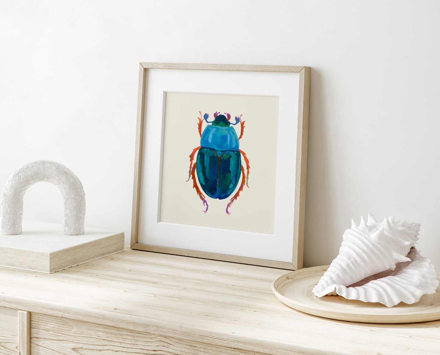 Art print of a deep blue-green beetle with a jewel-toned body, hand-painted in gouache to highlight texture, form, and vibrant color.
