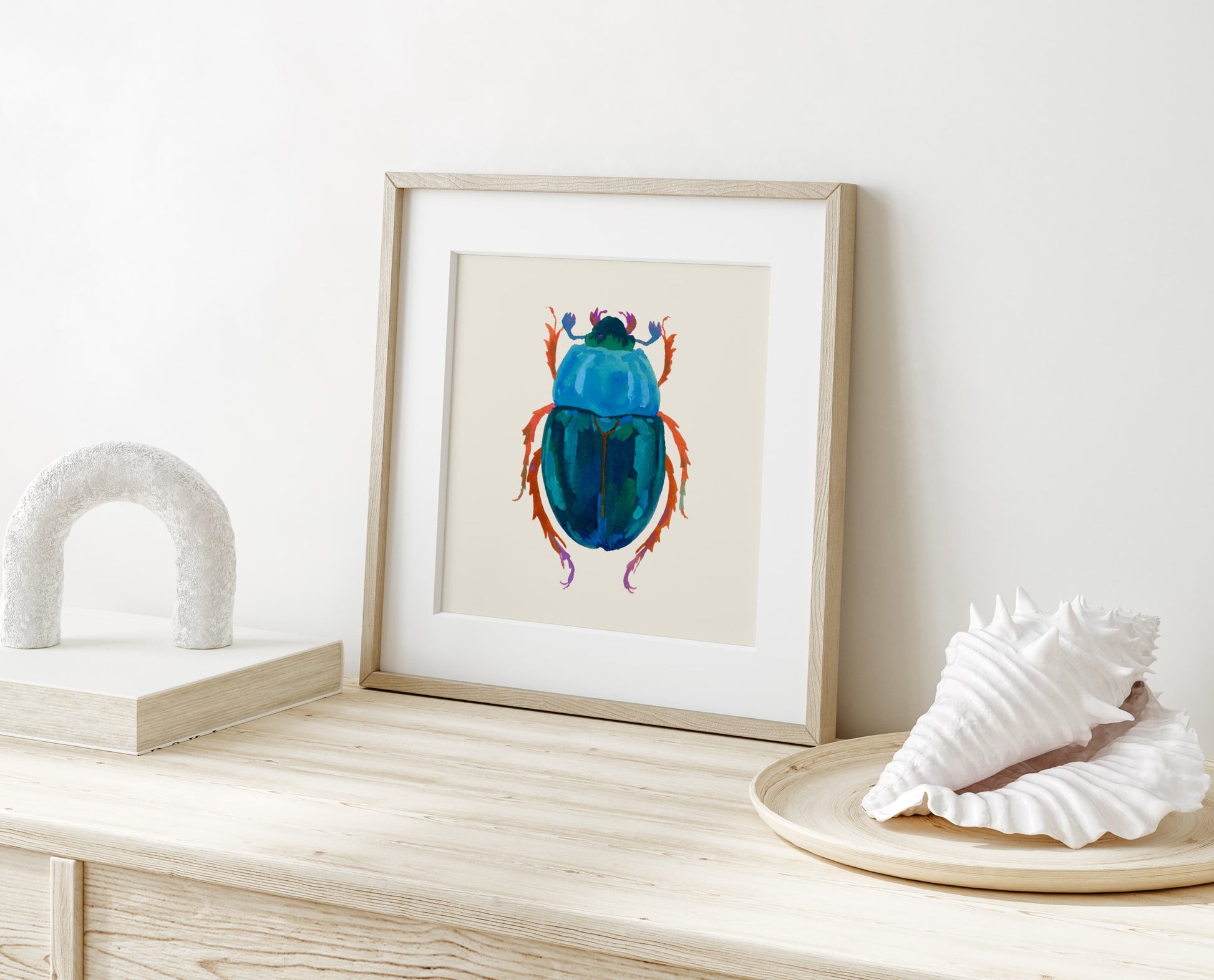 Art print of a deep blue-green beetle with a jewel-toned body, hand-painted in gouache to highlight texture, form, and vibrant color.