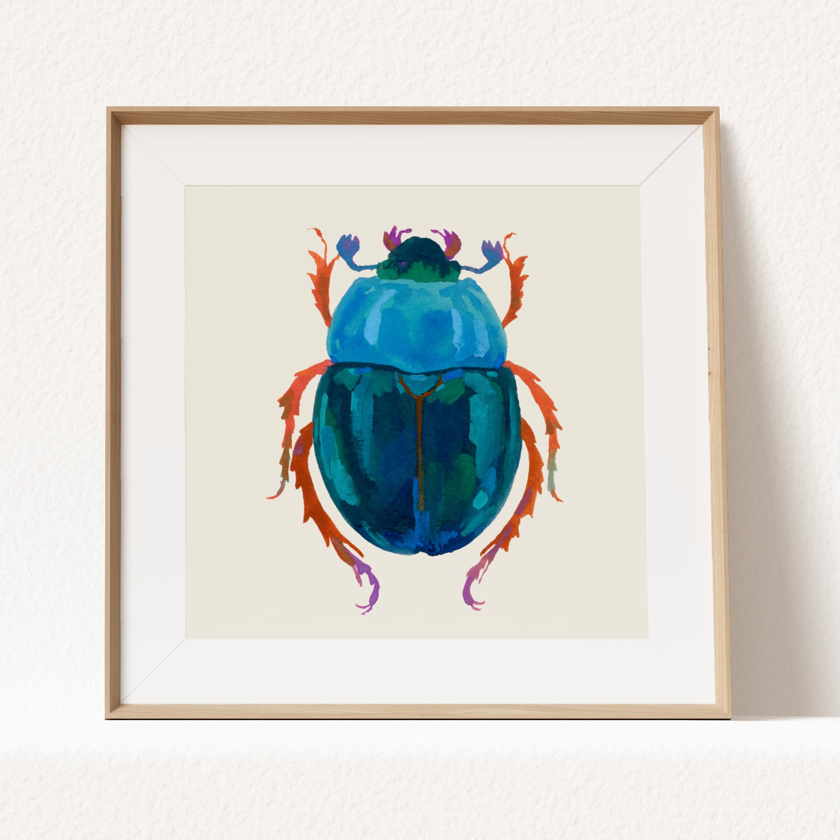 Art print of a deep blue-green beetle with a jewel-toned body, hand-painted in gouache to highlight texture, form, and vibrant color.