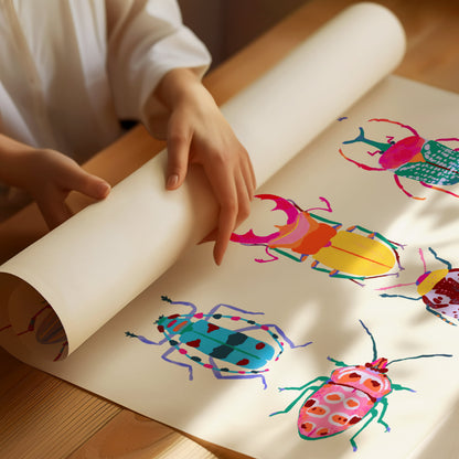 Vibrant illustration of a collection of beetles inspired by the Science Museum in Minneapolis – colorful and intricate nature art print for modern home decor