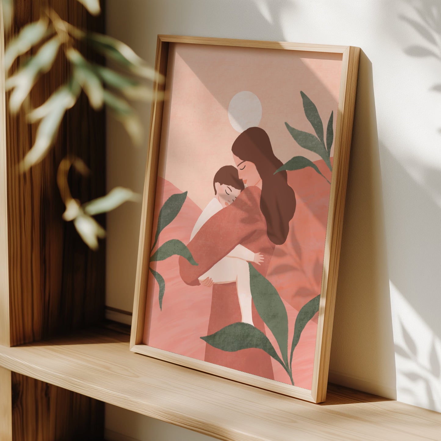 Gentle art print of a mother holding her sleeping baby, set against a tranquil backdrop of earthy tones and soft greens – serene illustration celebrating the beautiful bond between mother and child