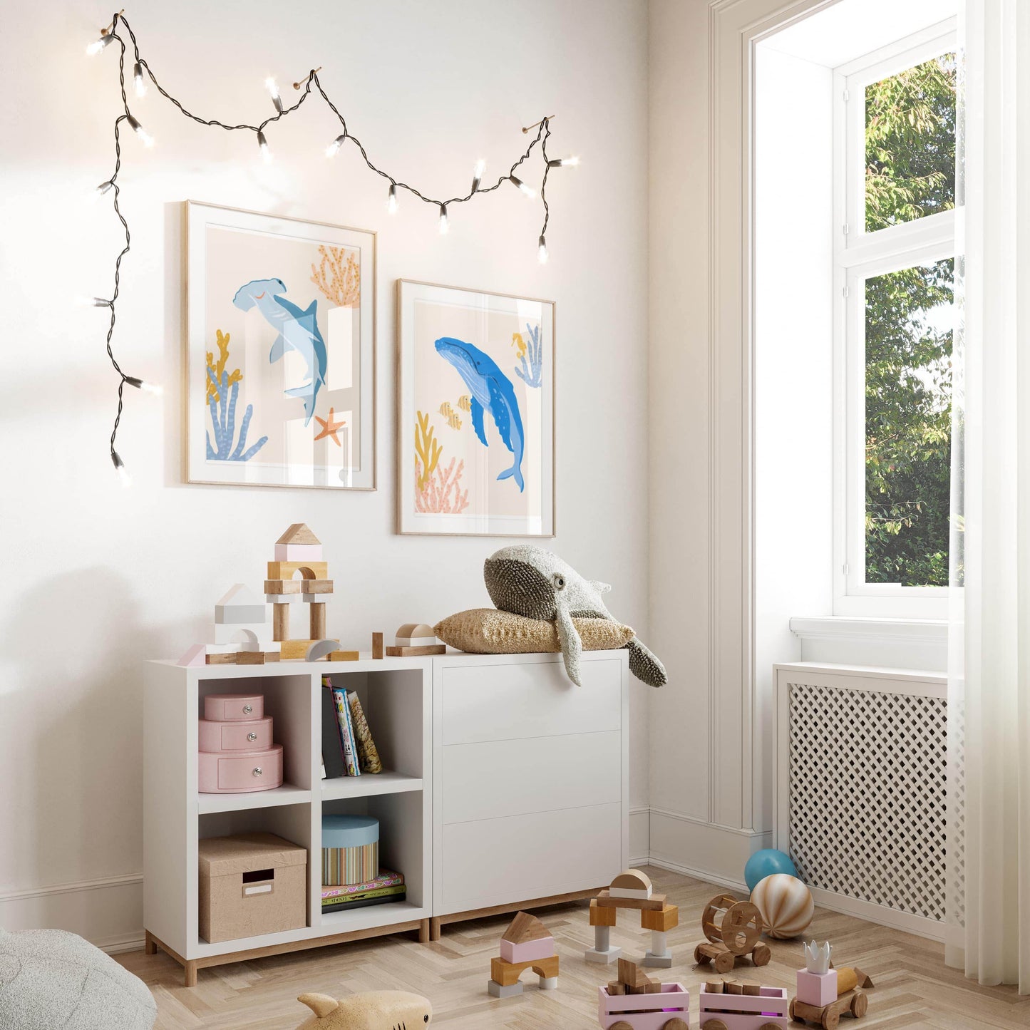 Cute ocean-themed art print for children featuring a friendly hammerhead shark and humpback whale – perfect for creating a fun and cohesive under-the-sea theme with other sea animal prints