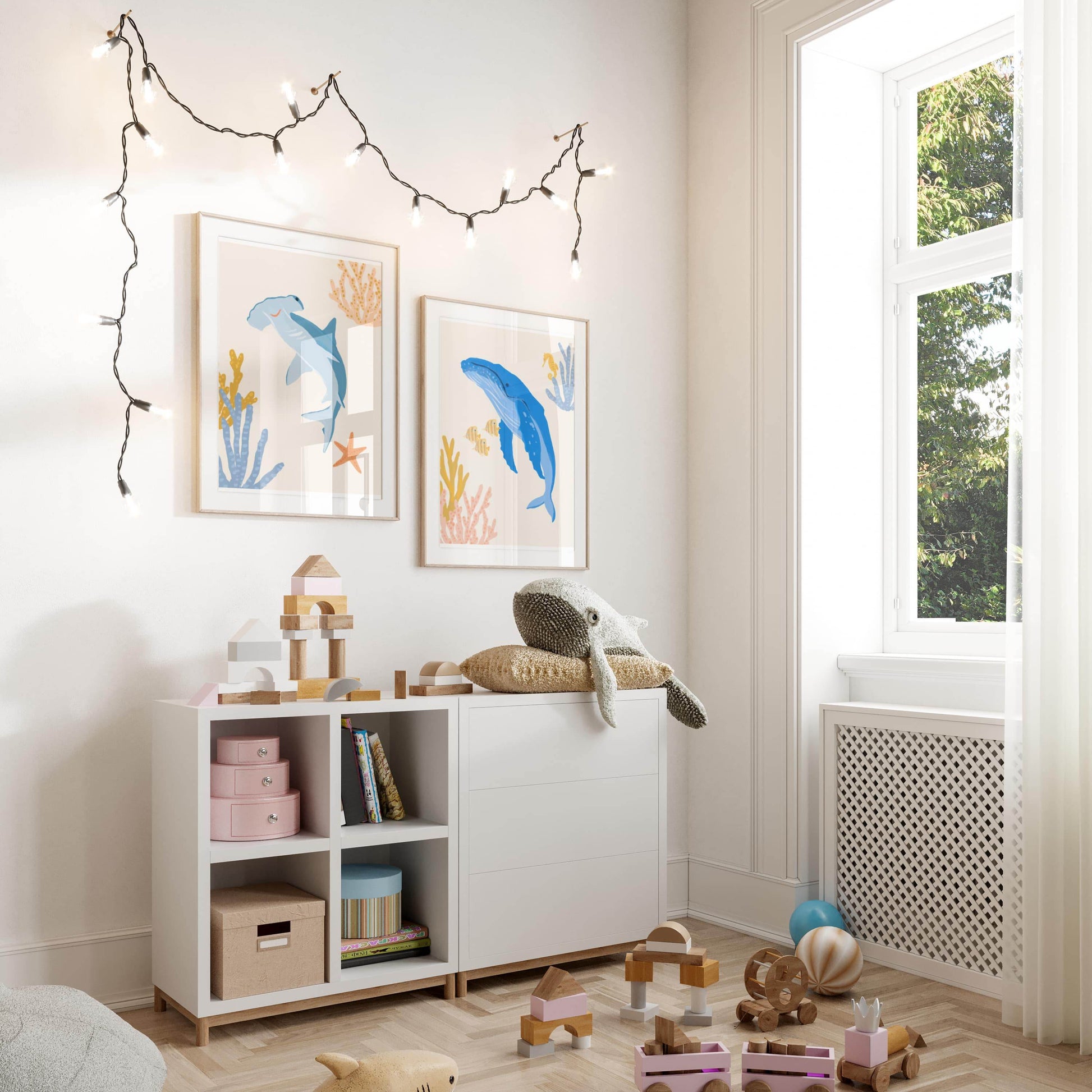 Cute ocean-themed art print for children featuring a friendly hammerhead shark and humpback whale – perfect for creating a fun and cohesive under-the-sea theme with other sea animal prints