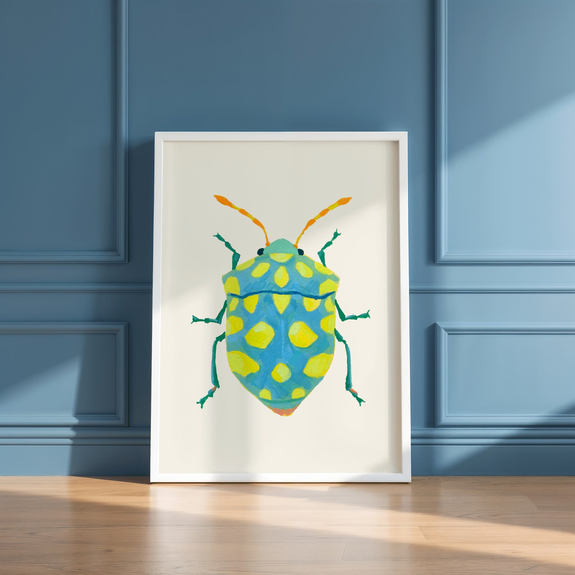 Gouache painting of a sky blue beetle with lime green dots and bright yellow-orange tentacle-like antennae, reimagined with playful color on a real beetle form.