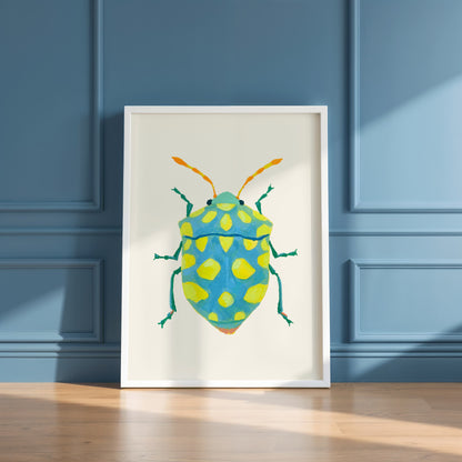 Gouache painting of a sky blue beetle with lime green dots and bright yellow-orange tentacle-like antennae, reimagined with playful color on a real beetle form.