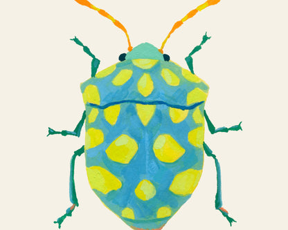 Colorful illustration of a shield bug on a beige background
