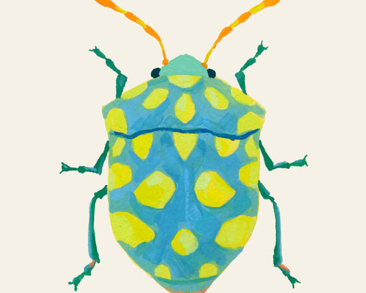 Colorful illustration of a shield bug on a beige background