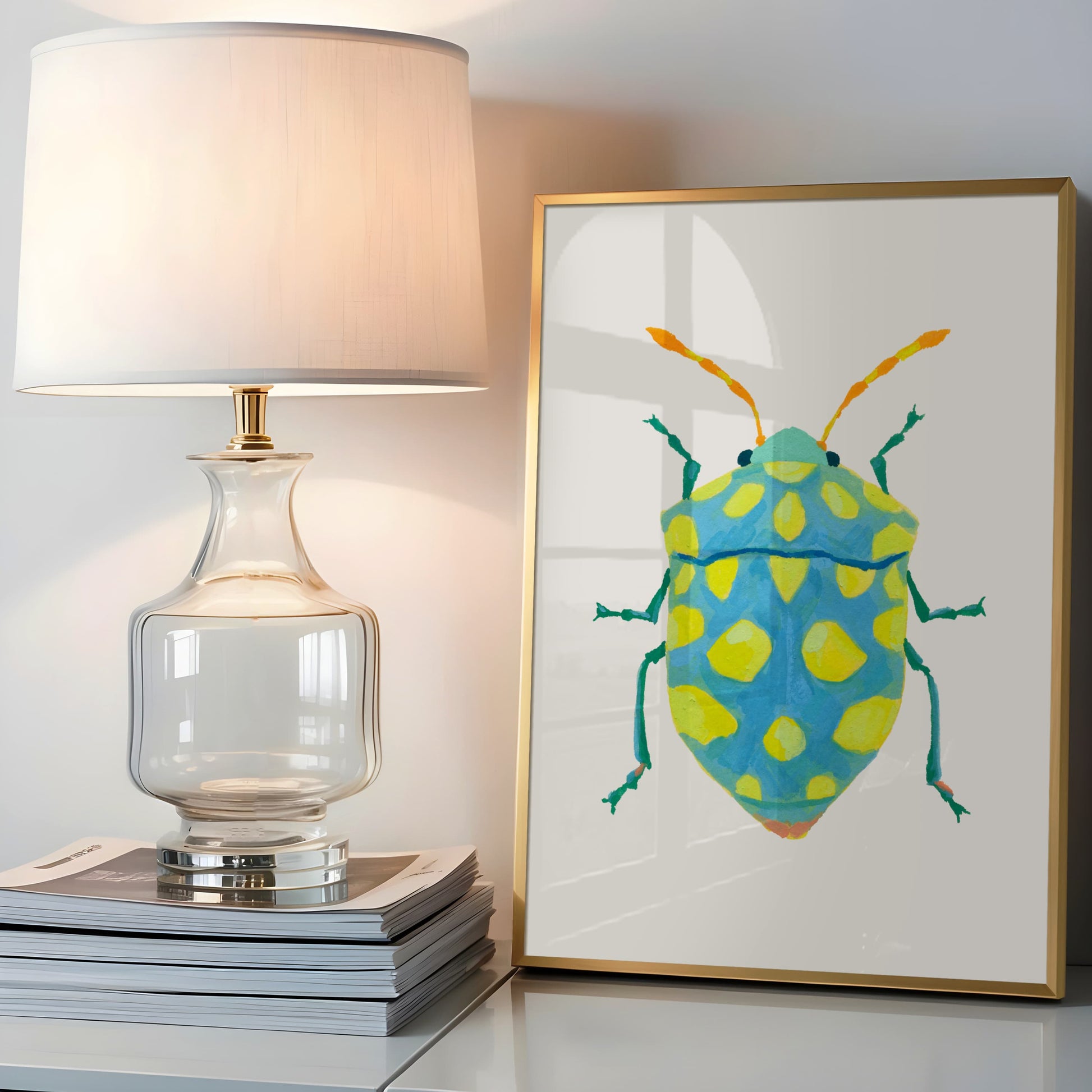 Whimsical insect illustration of a sky blue beetle featuring lime spots and striking yellow-orange antennae, hand-painted with gouache.