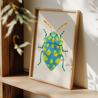 Whimsical insect illustration of a sky blue beetle featuring lime spots and striking yellow-orange antennae, hand-painted with gouache.