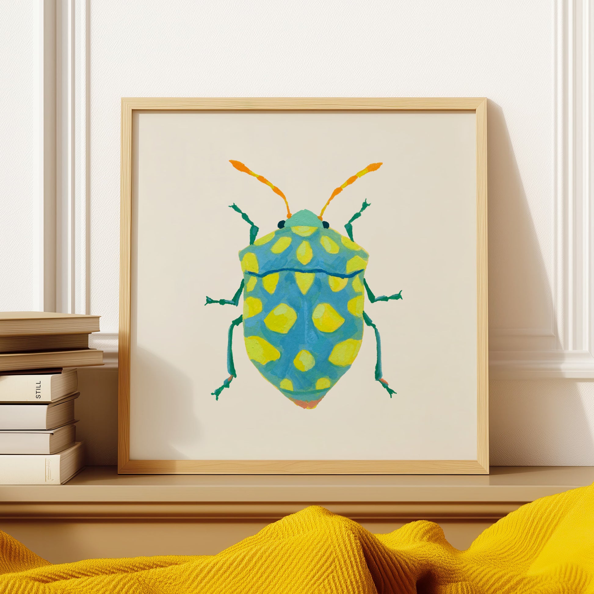 Gouache painting of a sky blue beetle with lime green dots and bright yellow-orange tentacle-like antennae, reimagined with playful color on a real beetle form.
