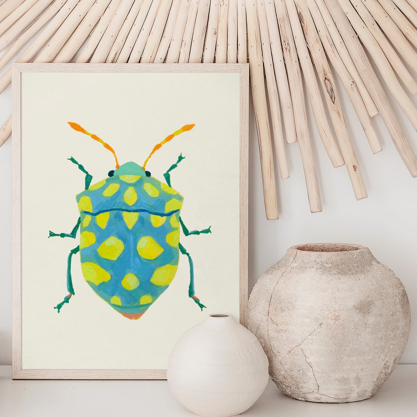 Art print of a sky blue beetle with vibrant lime dots and curving yellow-orange feelers, inspired by real insect shapes and painted with a colorful twist.