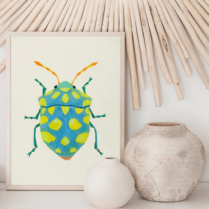 Art print of a sky blue beetle with vibrant lime dots and curving yellow-orange feelers, inspired by real insect shapes and painted with a colorful twist.
