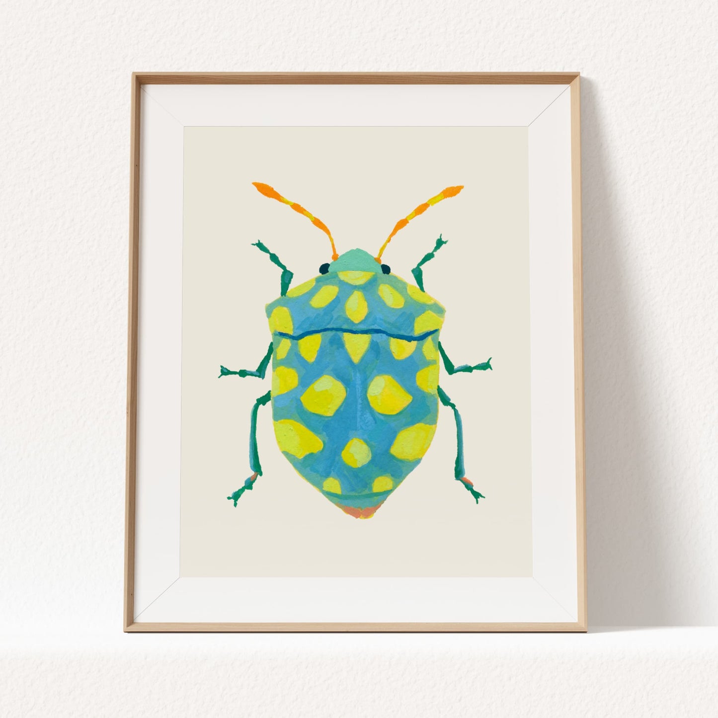 Gouache painting of a sky blue beetle with lime green dots and bright yellow-orange tentacle-like antennae, reimagined with playful color on a real beetle form.