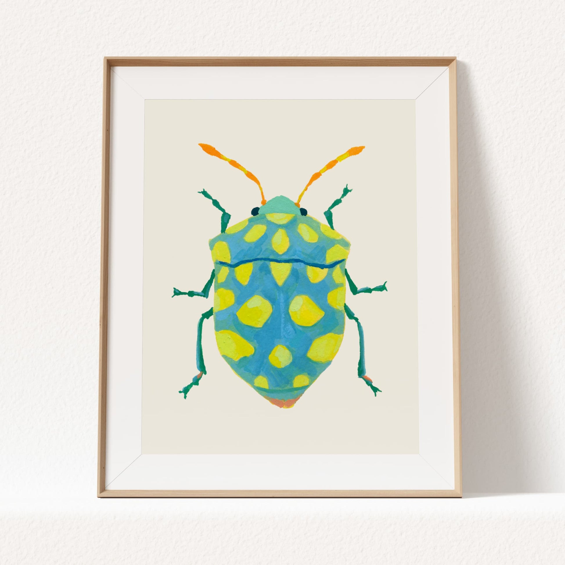 Gouache painting of a sky blue beetle with lime green dots and bright yellow-orange tentacle-like antennae, reimagined with playful color on a real beetle form.