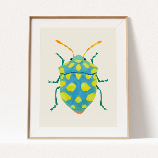 Gouache painting of a sky blue beetle with lime green dots and bright yellow-orange tentacle-like antennae, reimagined with playful color on a real beetle form.