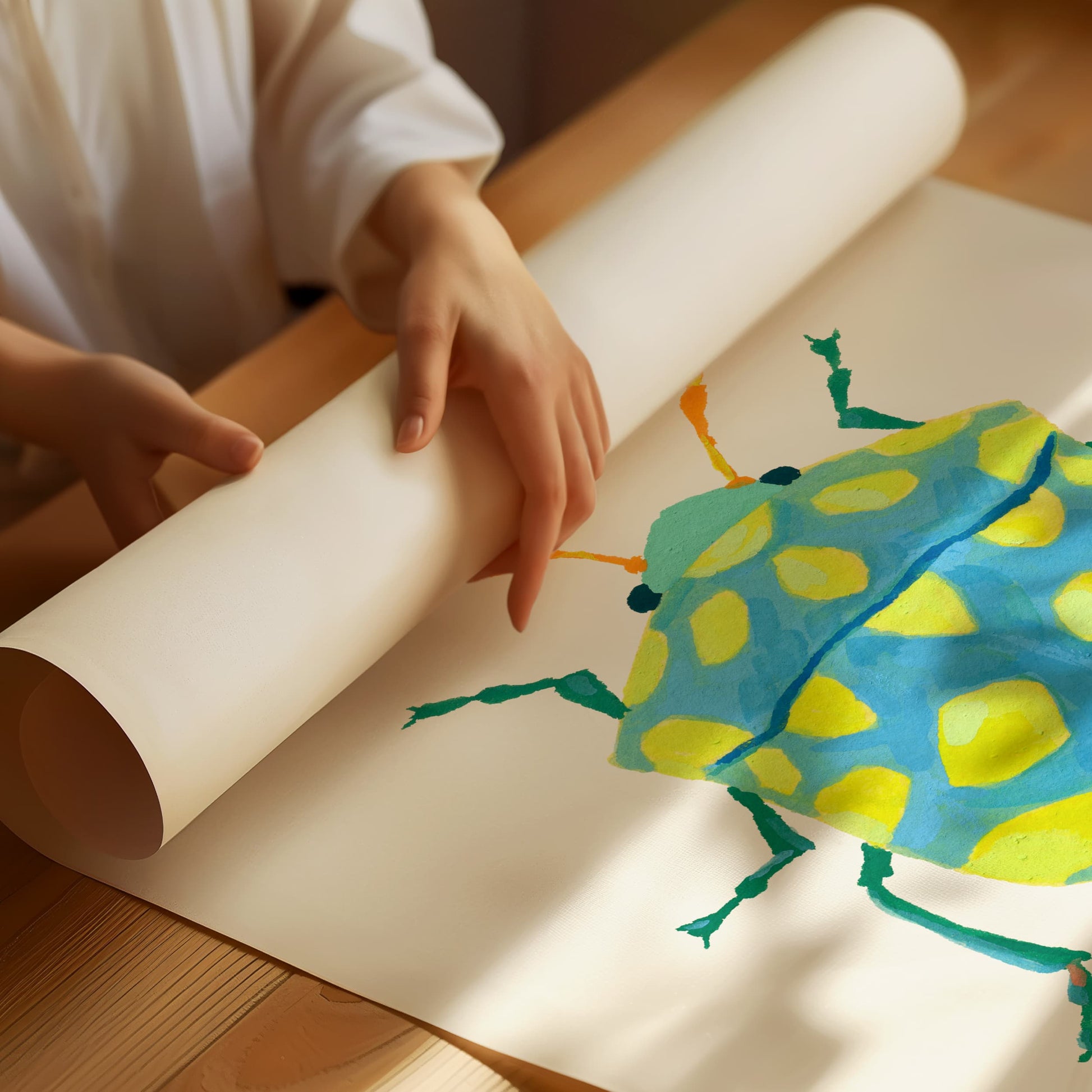 Art print of a sky blue beetle with vibrant lime dots and curving yellow-orange feelers, inspired by real insect shapes and painted with a colorful twist.