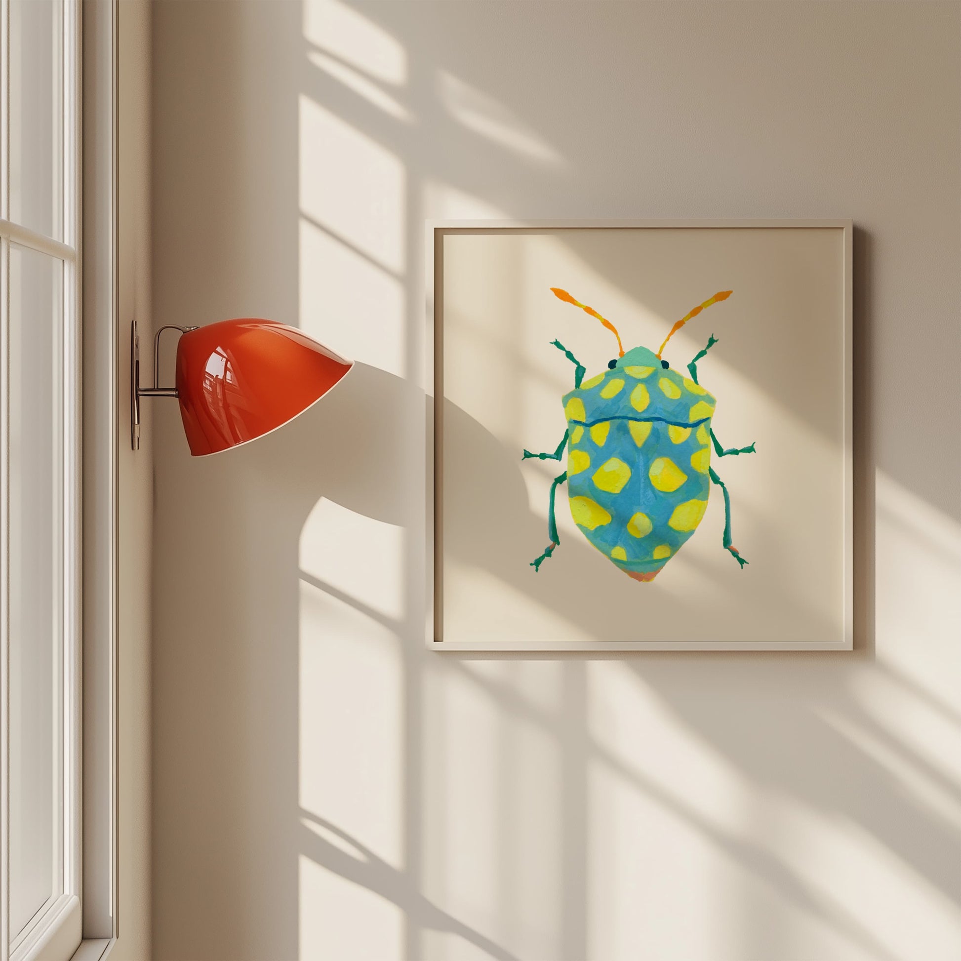 Art print of a sky blue beetle with vibrant lime dots and curving yellow-orange feelers, inspired by real insect shapes and painted with a colorful twist.
