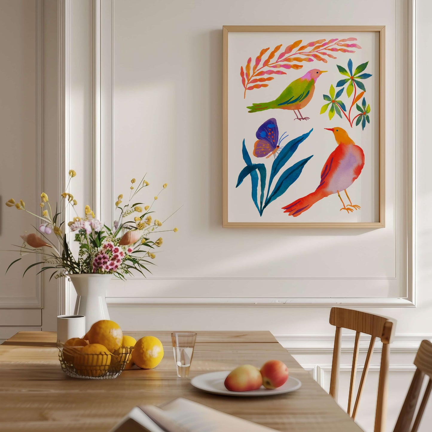 High-quality giclée print by Sun Lee from the "Whispers of Spring" collection, featuring vibrant watercolor and gouache painting of flowers, birds, butterflies, and insects. This aesthetic watercolor artwork brings color, joy, and tranquility to any space. Ideal for modern boho, Scandinavian, nature-inspired, eclectic, and minimalist homes—perfect for nurseries and children's rooms.

