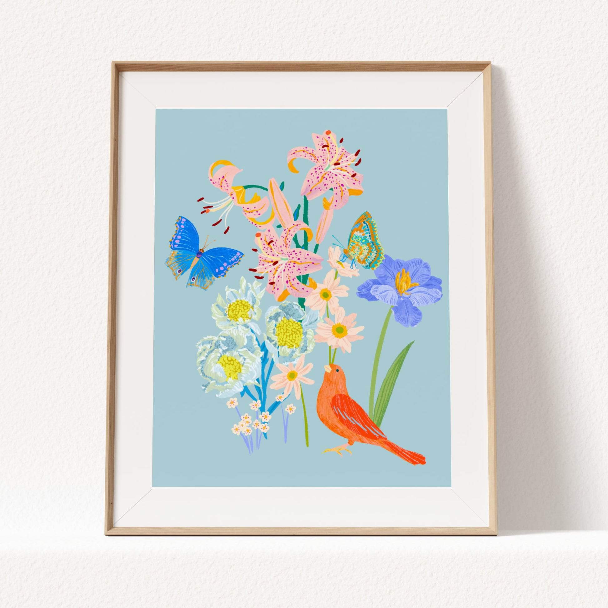 Spring botanical Giclée print featuring delicate flowers, a bird, and butterflies in vibrant seasonal colors.