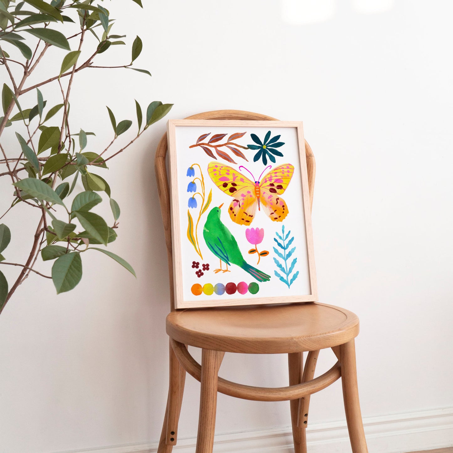 High-quality archival giclée art print by Sun Lee from the "Whispers of Spring" collection, featuring vibrant watercolor and gouache illustration of flowers, birds, and butterflies. Perfect for modern boho, Scandinavian, and nature-inspired homes, as well as eclectic and minimalist spaces. Ideal for nurseries and children's rooms, bringing color, joy, and tranquility to any space.